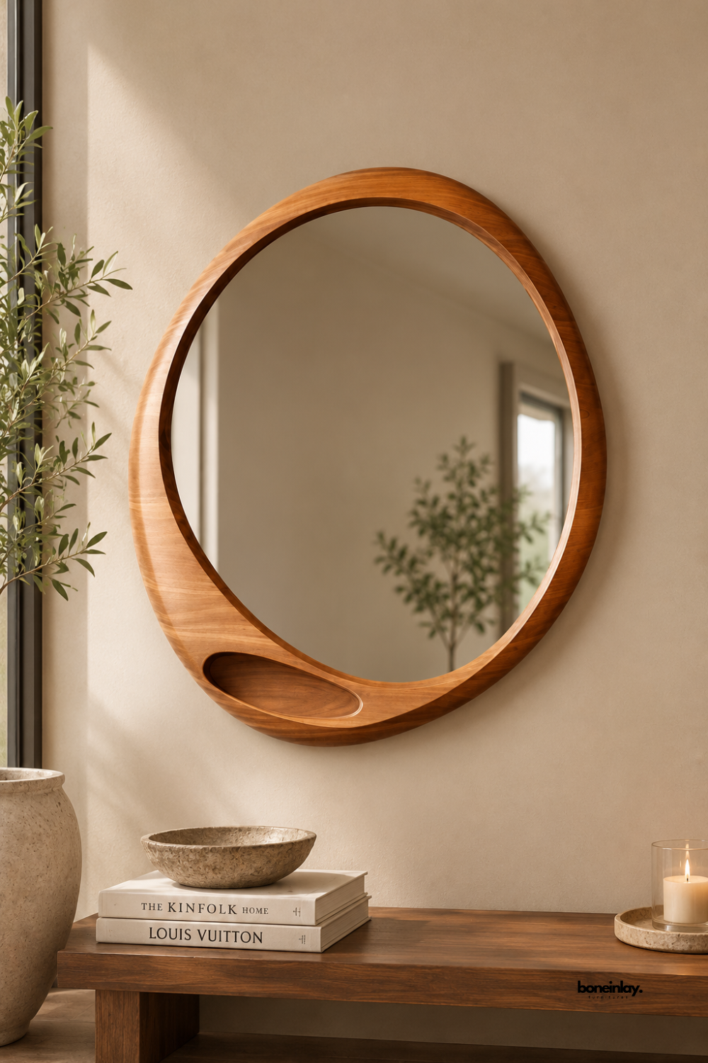 Hand-carved organic round wooden wall mirror featuring a smooth walnut finish and a unique carved catchall tray built into the frame base. this functional artisan accent mirror brings mid-century modern style to entryways and living rooms.