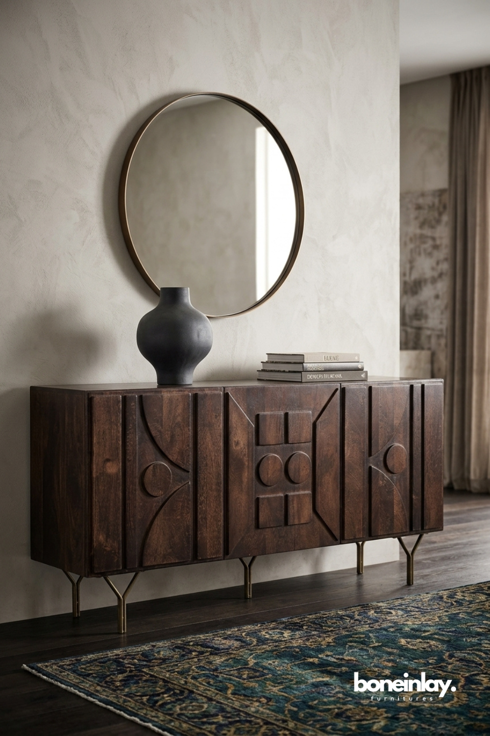 Mid Century Modern Dark Wood Sideboard Cabinet with Sculptural Geometric Carved Doors
