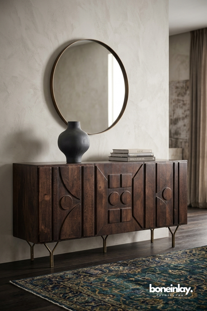 Mid Century Modern Dark Wood Sideboard Cabinet with Sculptural Geometric Carved Doors