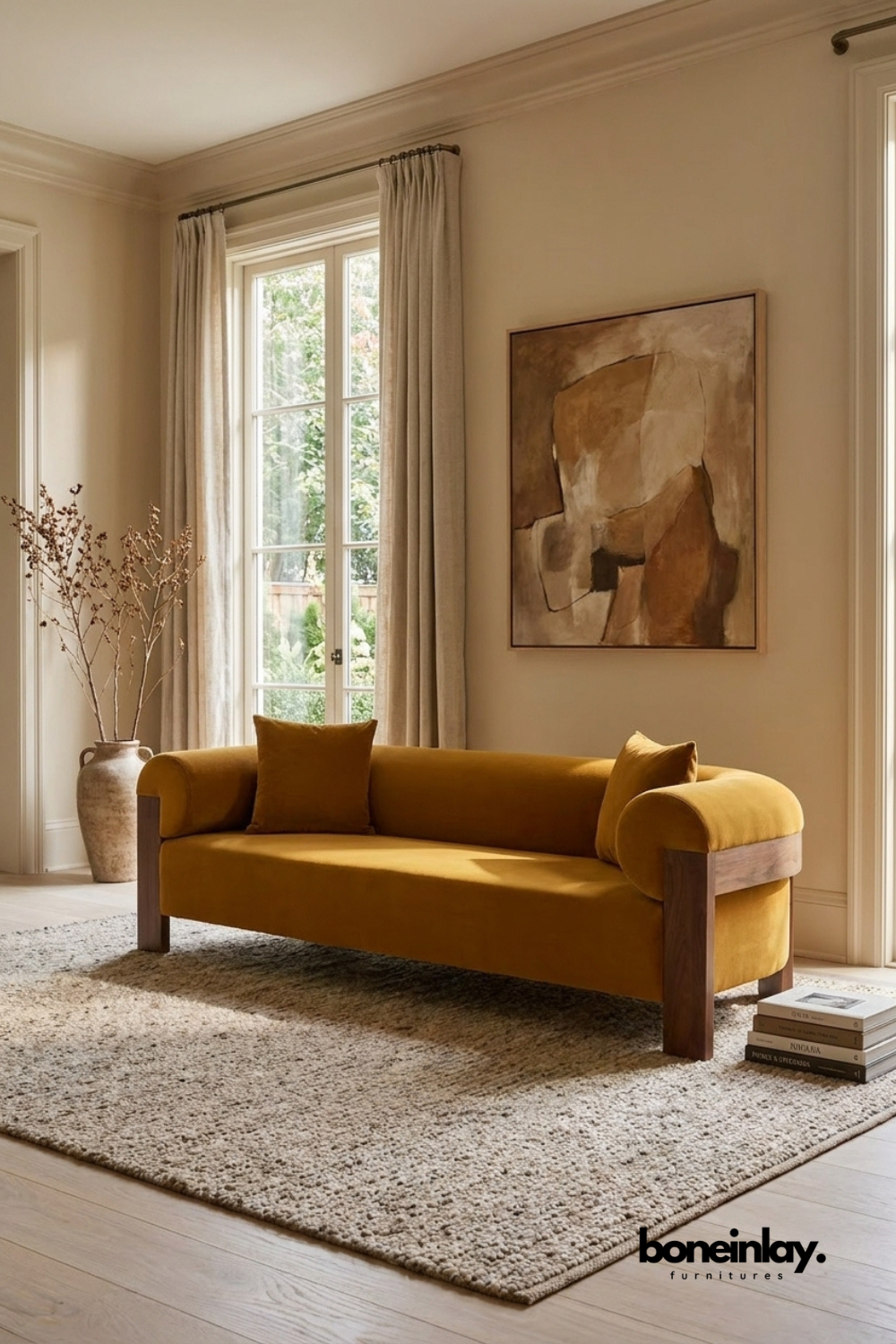 Art deco-inspired dark wood media console or buffet with a carved geometric relief pattern across four doors and elegant gold-tone bracket feet, in a room with a large canvas abstract painting.