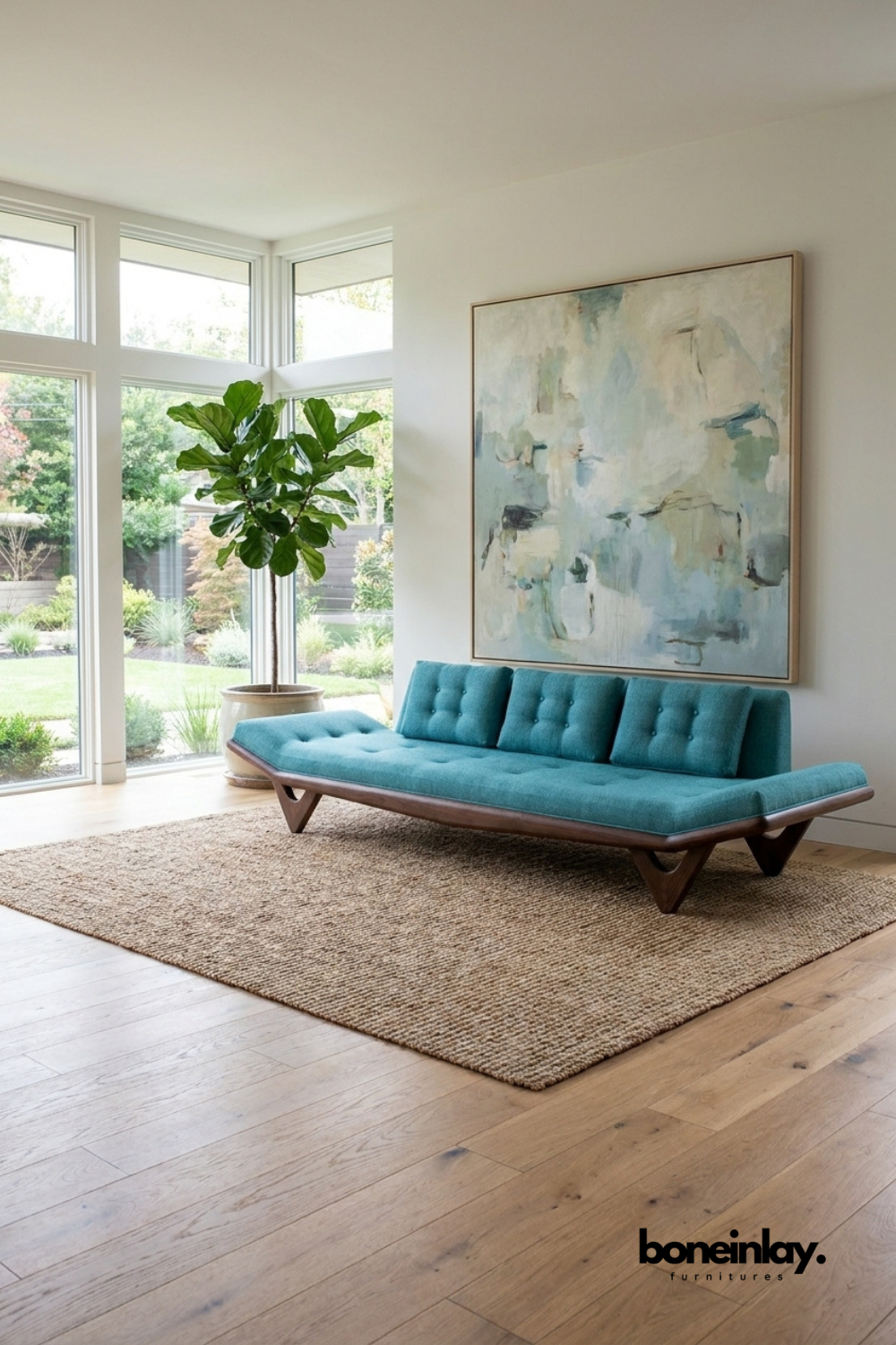 Contemporary teal blue tufted futon sofa with dark walnut wood frame in a bright room