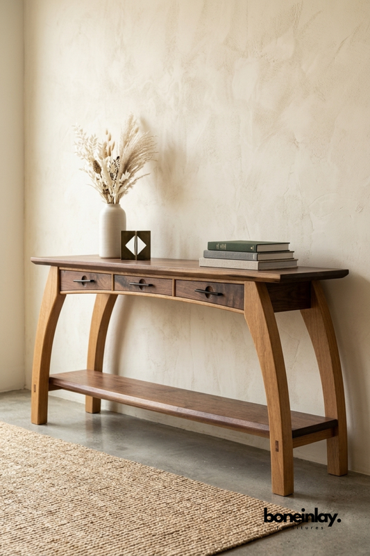 Mid century solid wood console table with three drawers, lower storage shelf, and curved legs for entryway, hallway, or living room.