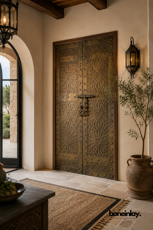 Hand-carved brass double door with a detailed geometric star pattern.
Riveted brass panels frame a wood-lined doorway entrance.
Traditional Moroccan-inspired metalwork with an antiqued finish.
Styled with wall lanterns and a terracotta urn in an entryway.
