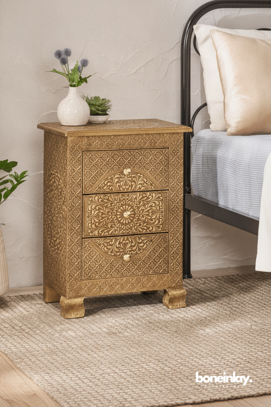 Gold Finish Three Drawer Bedside Table with Traditional Floral Motifs