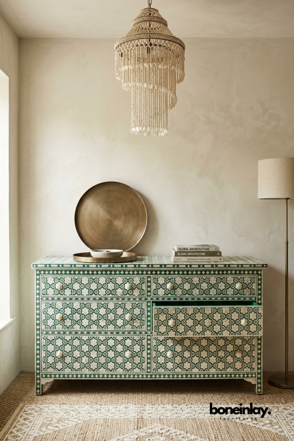 Green and white bone inlay six drawer dresser featuring Moroccan geometric floral pattern, handcrafted bone inlay craftsmanship, and elegant bedroom storage furniture.
