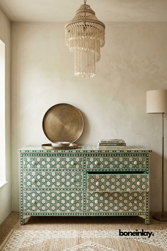 Green and white bone inlay six drawer dresser featuring Moroccan geometric floral pattern, handcrafted bone inlay craftsmanship, and elegant bedroom storage furniture.