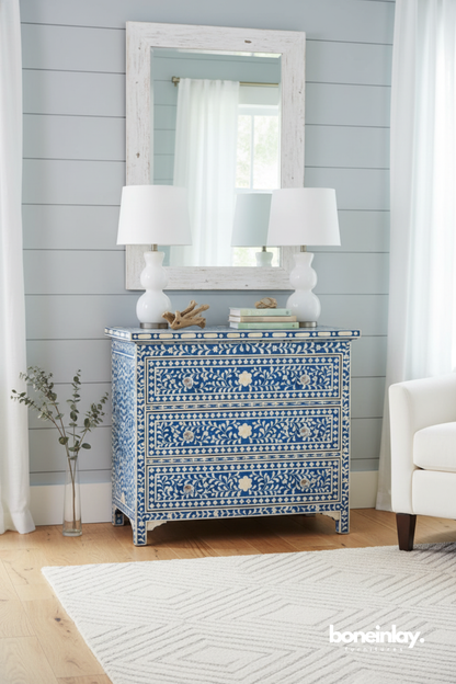 Three-drawer bone inlay dresser featuring an intricate floral vine pattern, geometric borders, and small round drawer pulls.