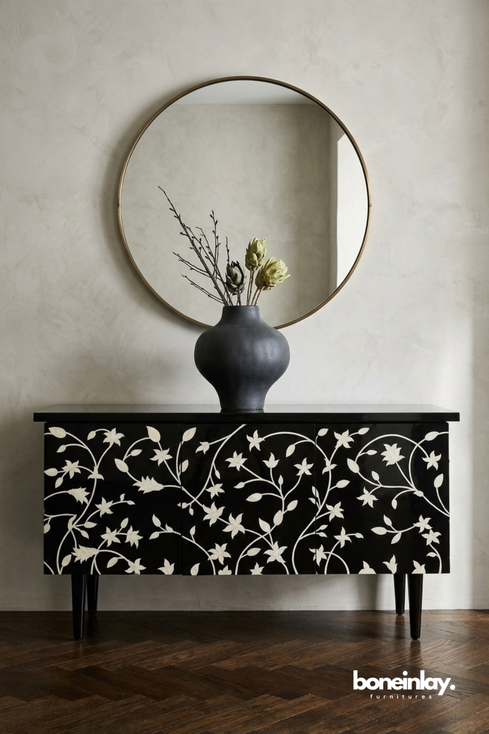 Black Floral Bone Inlay Sideboard Cabinet with Elegant White Vine Inlay Pattern
