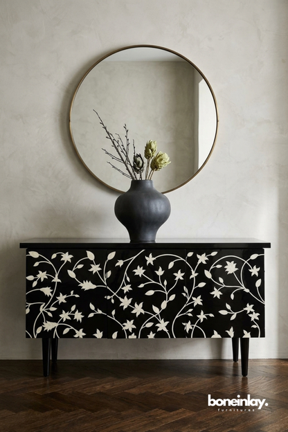 Black Floral Bone Inlay Sideboard Cabinet with Elegant White Vine Inlay Pattern