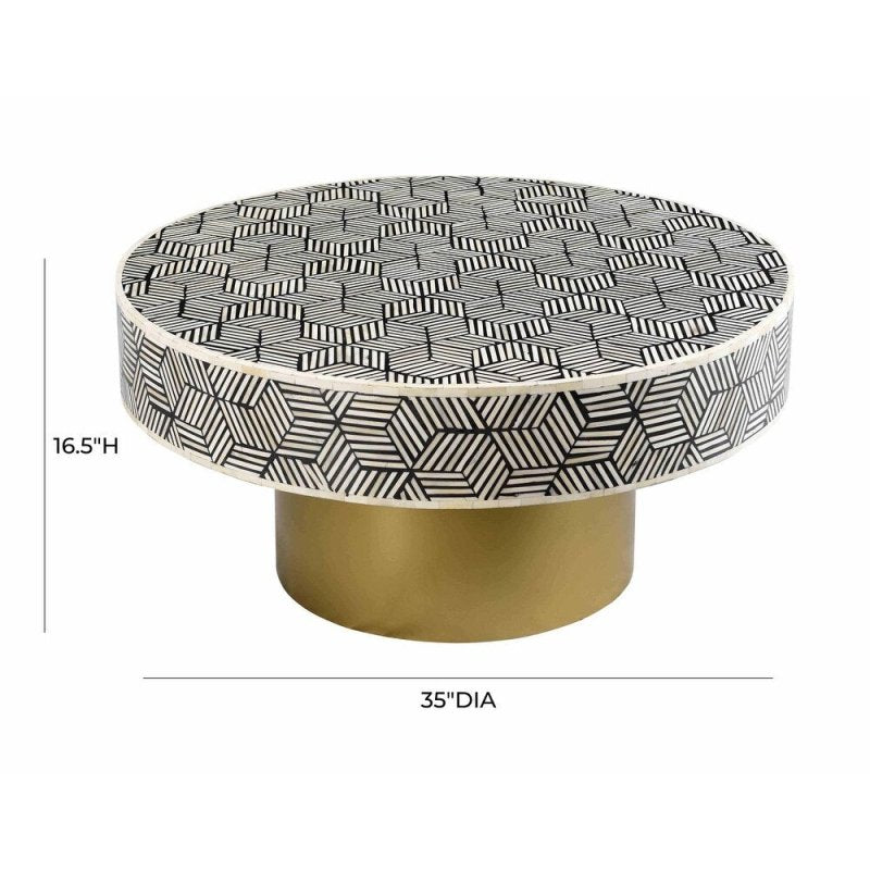 Round black and white geometric bone inlay coffee table with brass base showing dimensions 35 inch diameter and 16.5 inch height on white background