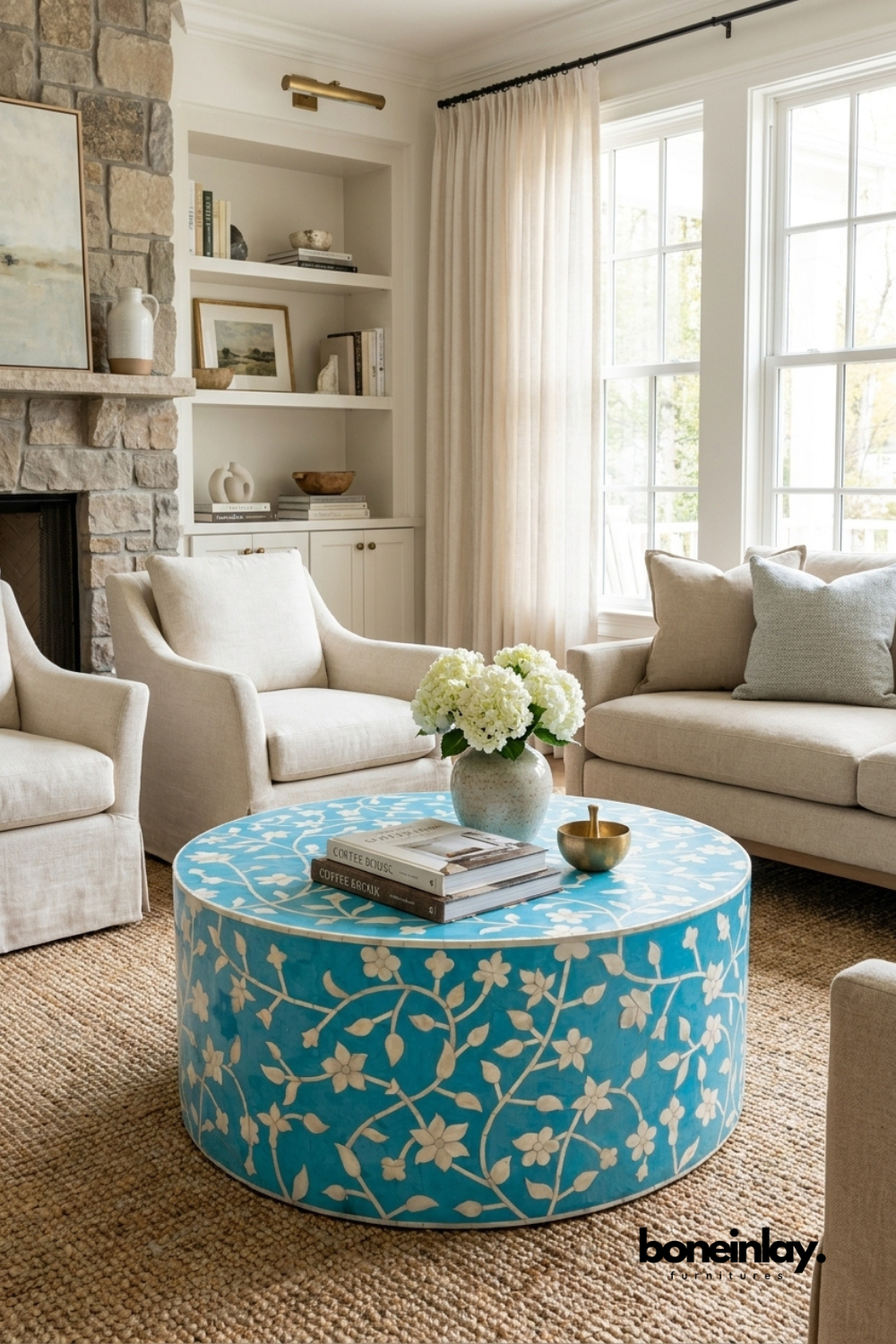 Handmade Indian bone inlay round turquoise coffee table with white floral pattern, artisan crafted luxury living room center table