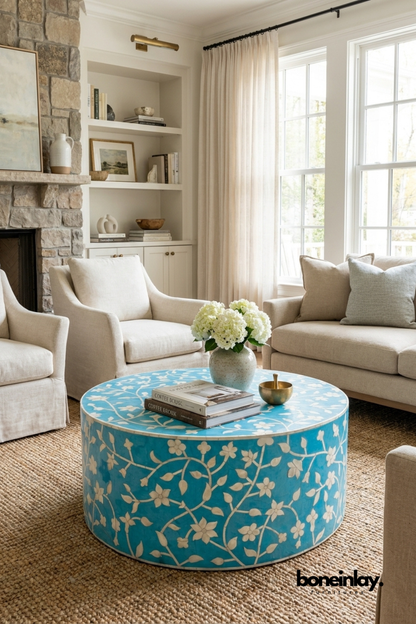 Handmade Indian bone inlay round turquoise coffee table with white floral pattern, artisan crafted luxury living room center table
