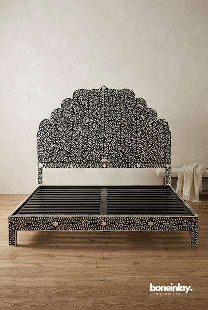 Handmade Black Bone Inlay Platform Bed with Scalloped Floral Headboard – Indian Traditional Craftsmanship