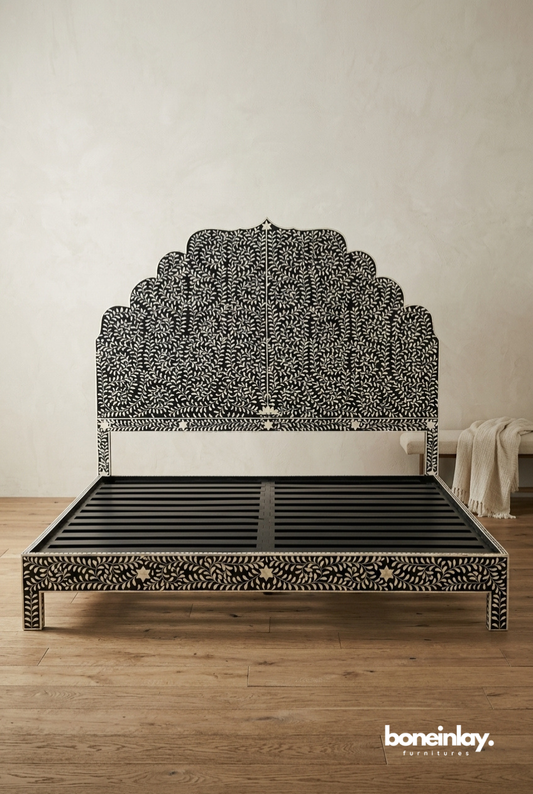 Handmade Black Bone Inlay Platform Bed with Scalloped Floral Headboard – Indian Traditional Craftsmanship