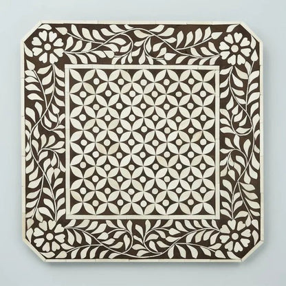 Handmade inlay wooden side table with bohemian geometric design, premium artisan bedroom accent furniture