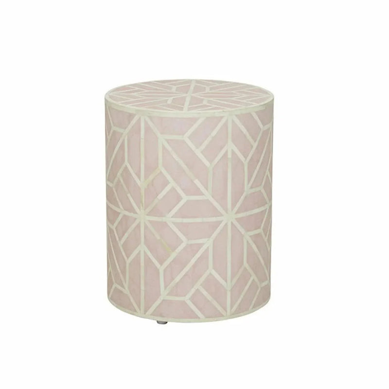 Ivory blush handmade bone inlay drum side table with geometric star pattern, artisan-crafted accent furniture for living spaces