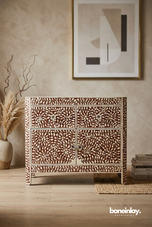 Handmade walnut bone inlay hallway cabinet with swirling floral vine pattern, crystal knobs, and four-door storage — crafted in Rajasthan, India