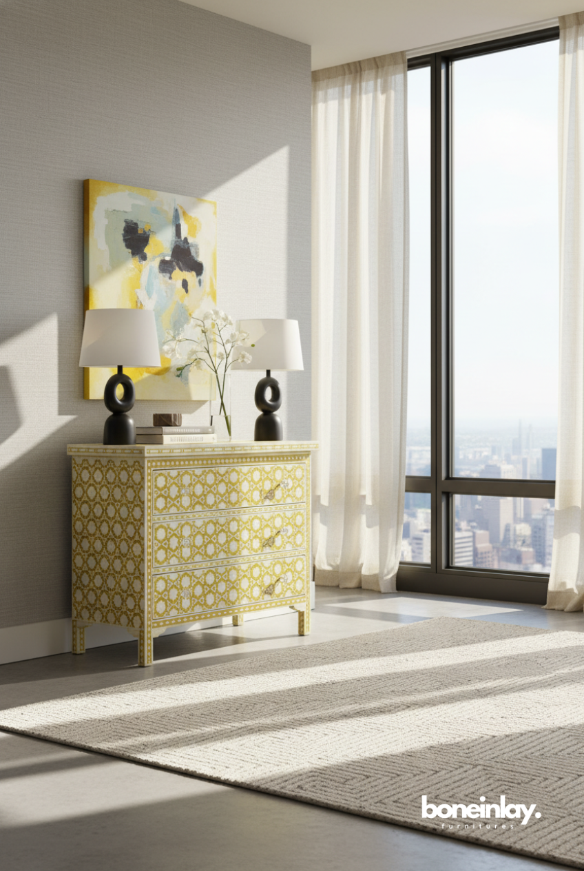 Golden Yellow Bone Inlay Chest of Drawers for Modern Luxury Homes