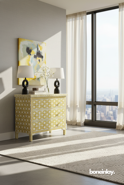 Golden Yellow Bone Inlay Chest of Drawers for Modern Luxury Homes