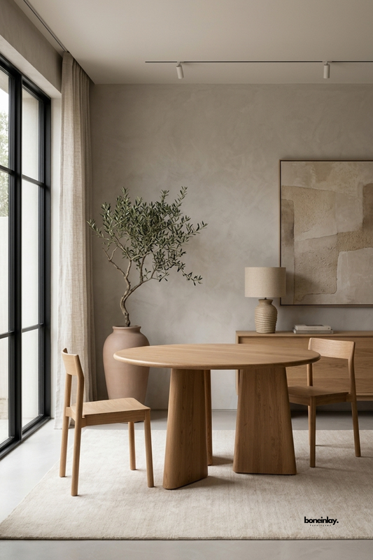 Handcrafted light oak round dining table featuring wide tapered pedestal legs and a smooth circular wooden top. Styled in a warm minimalist dining space with matching oak chairs, a potted olive tree, and neutral plaster walls, this artisan table brings Japandi design and organic luxury to modern homes.
