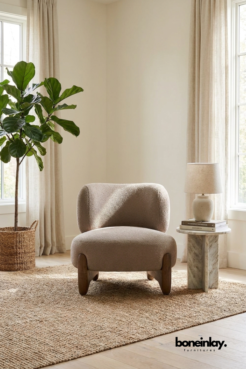 Modern bouclé accent chair with solid wood legs, contemporary lounge chair, upholstered reading chair for living room and bedroom