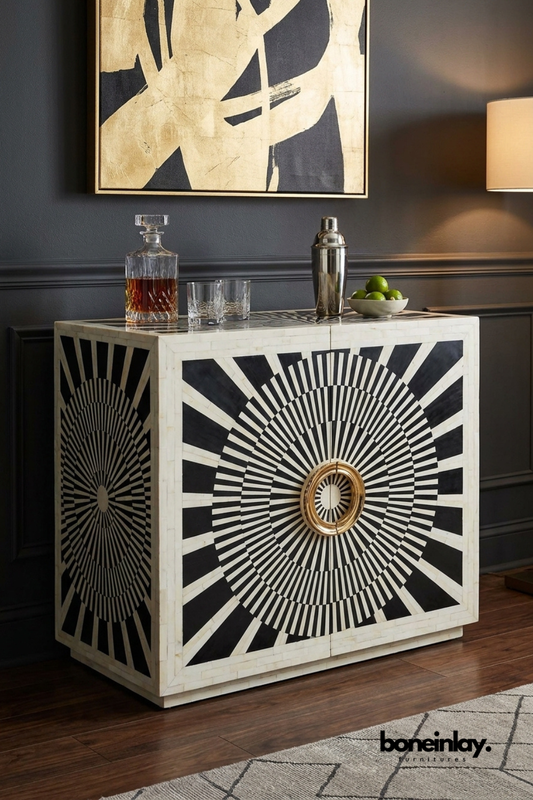 Black and white bone inlay two door cabinet featuring bold radial geometric pattern, handcrafted storage cabinet with brass hardware for Bar or living room or entryway.