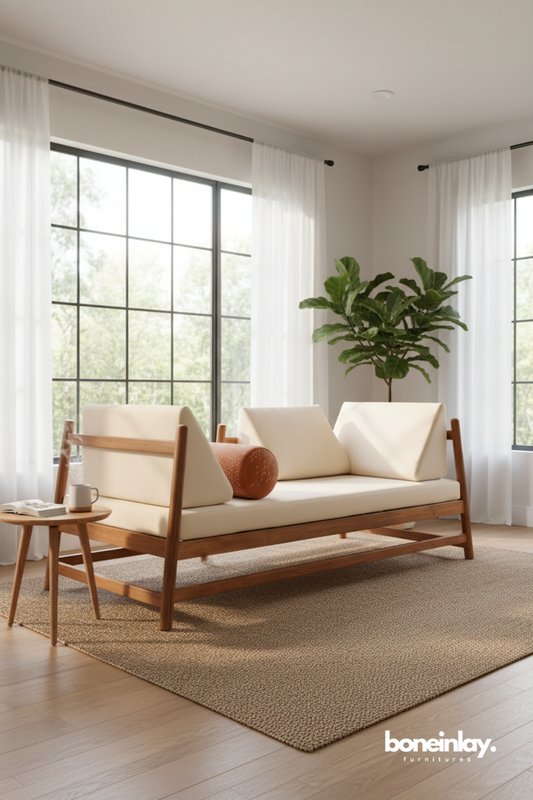 Modern wooden daybed with geometric cushions in a bright contemporary living room.