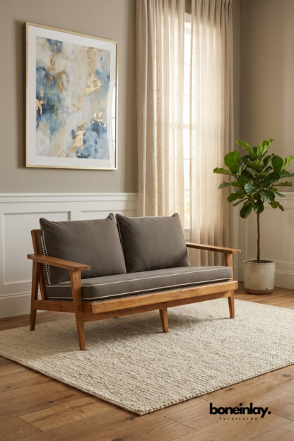 Mid-century modern wooden loveseat with charcoal gray upholstered cushions, contemporary two-seater accent sofa featuring solid wood frame and clean minimalist design.