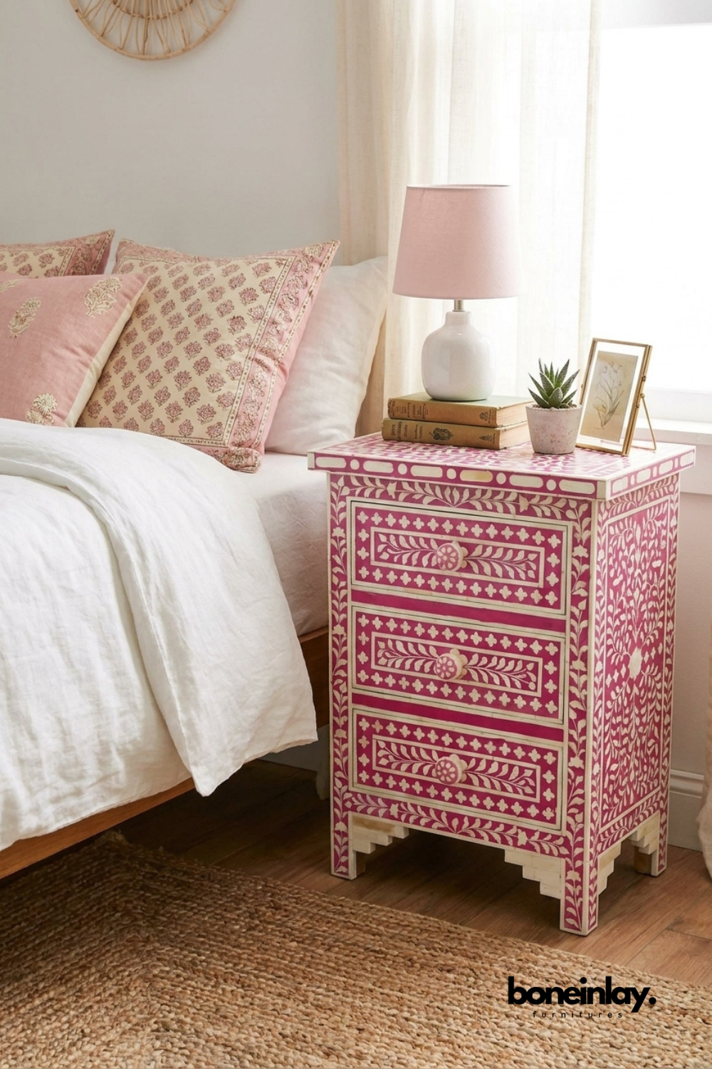 Pink floral bone inlay three-drawer nightstand with a handcrafted vine and medallion pattern and matching decorative knobs.