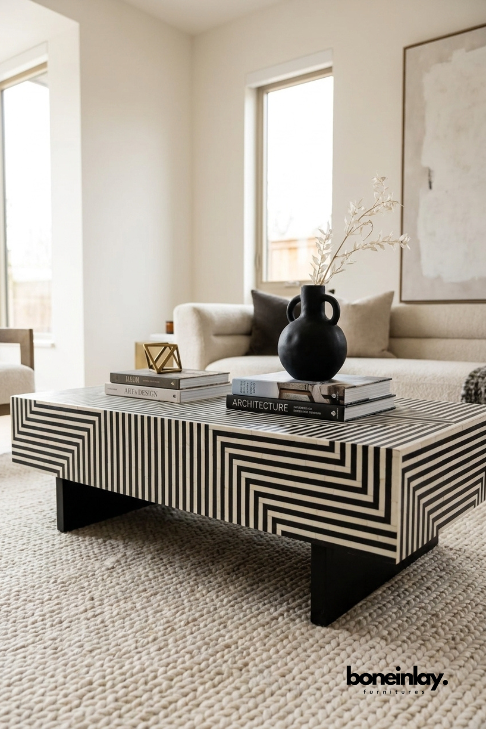 Black and white geometric bone inlay coffee table with modern striped pattern and rectangular shape