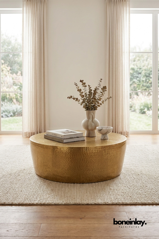 Round hammered brass coffee table with textured metal finish and drum silhouette styled in a neutral contemporary living room
