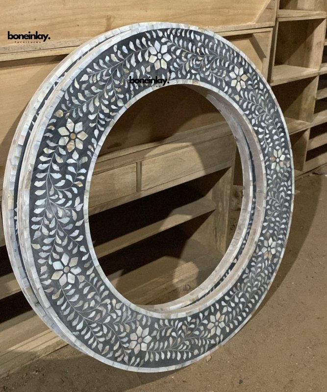 Handmade round Mother of Pearl inlay mirror frame with black floral pattern, crafted in India – artisan bone inlay wall mirror