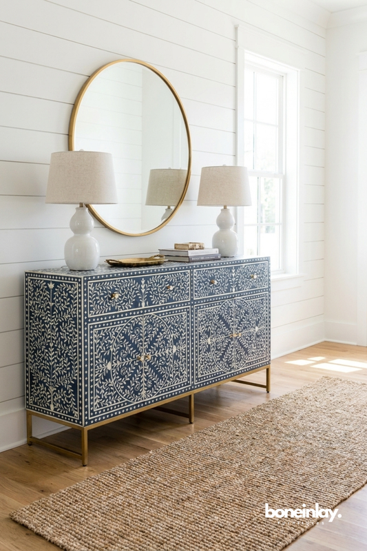 Blue bone inlay sideboard adorned with intricate floral patterns and refined brass accents.
