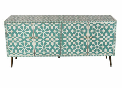 Handmade seafoam green and ivory bone inlay storage cabinet buffet with four doors and metal tapered legs on white background