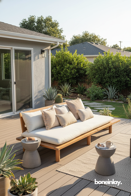 Low-profile wooden outdoor daybed with neutral cushions styled on a modern backyard deck.