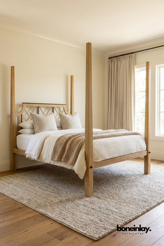 Natural Oak Four Poster Bed Frame with Lattice Headboard Design