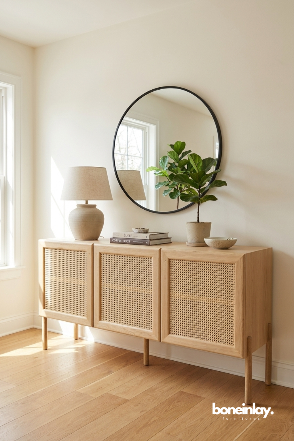Minimalist cane sideboard crafted from light oak with woven rattan panels and airy Scandinavian style.