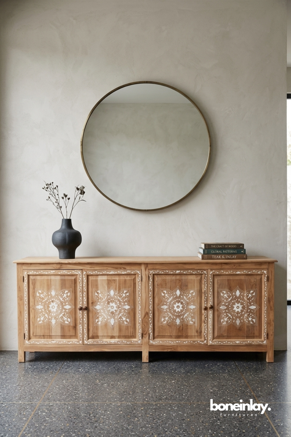Solid wood sideboard cabinet with white floral bone inlay mandala door panels and natural teak finish