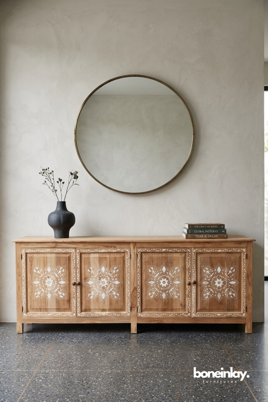 Solid wood sideboard cabinet with white floral bone inlay mandala door panels and natural teak finish