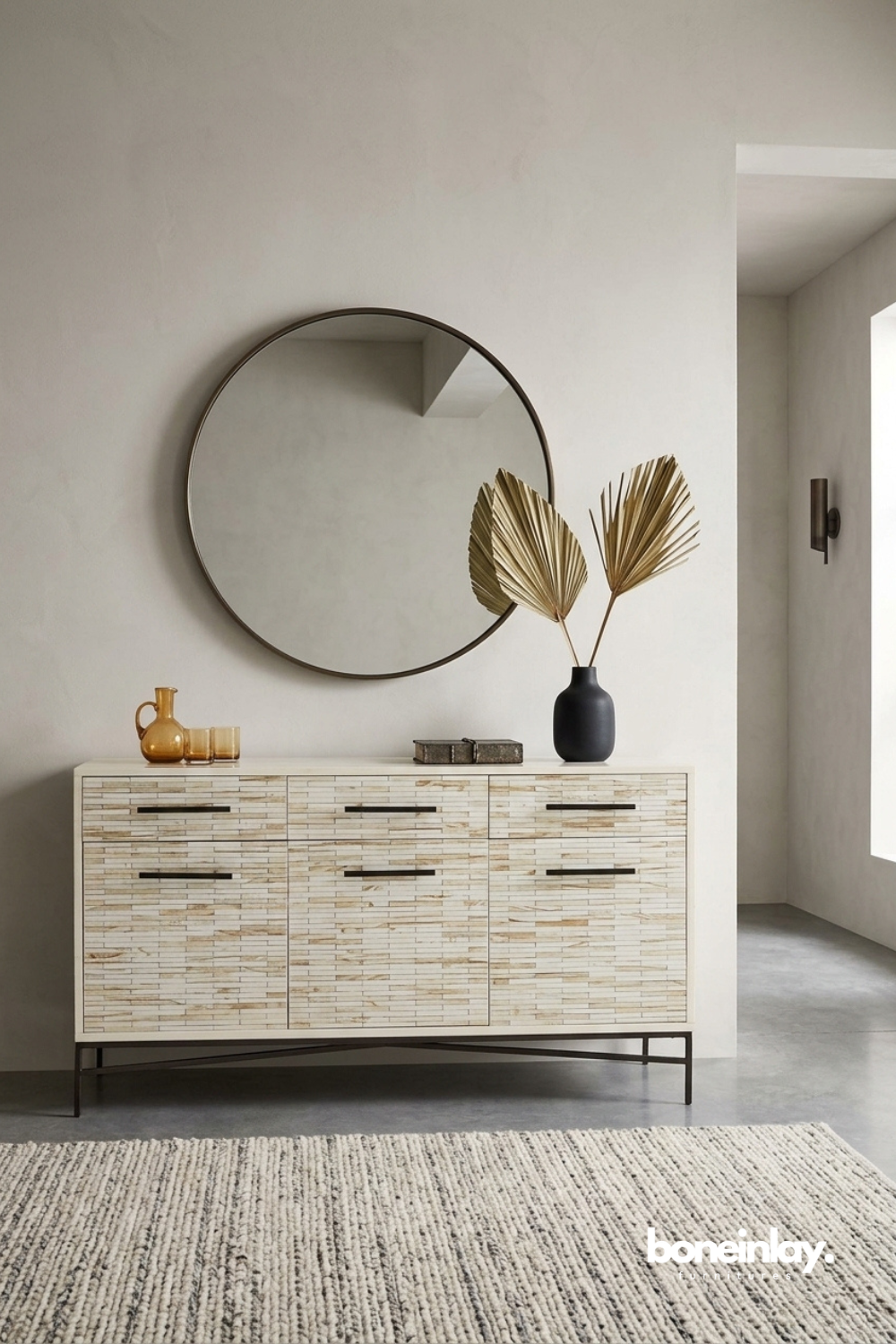 Contemporary bone inlay buffet cabinet featuring layered natural inlay patterns, sleek metal base, and minimalist modern appeal.