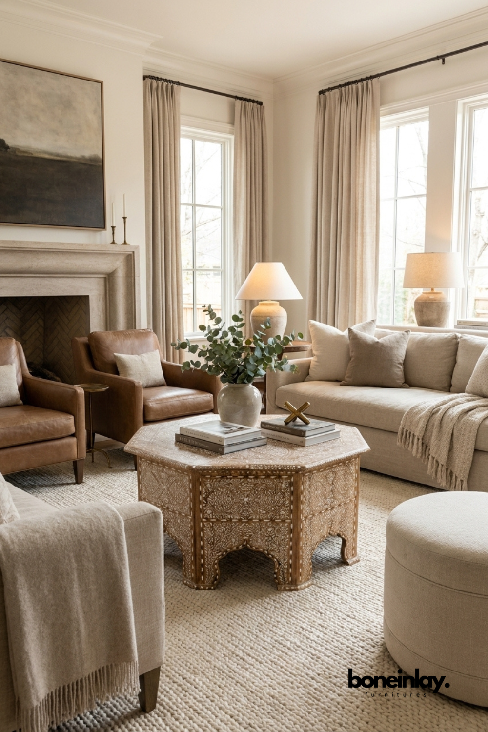 Hexagonal intricate bone inlay coffee table, traditional artisanal craftsmanship, luxury wooden statement furniture for refined interiors.