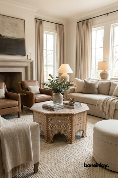 Hexagonal intricate bone inlay coffee table, traditional artisanal craftsmanship, luxury wooden statement furniture for refined interiors.