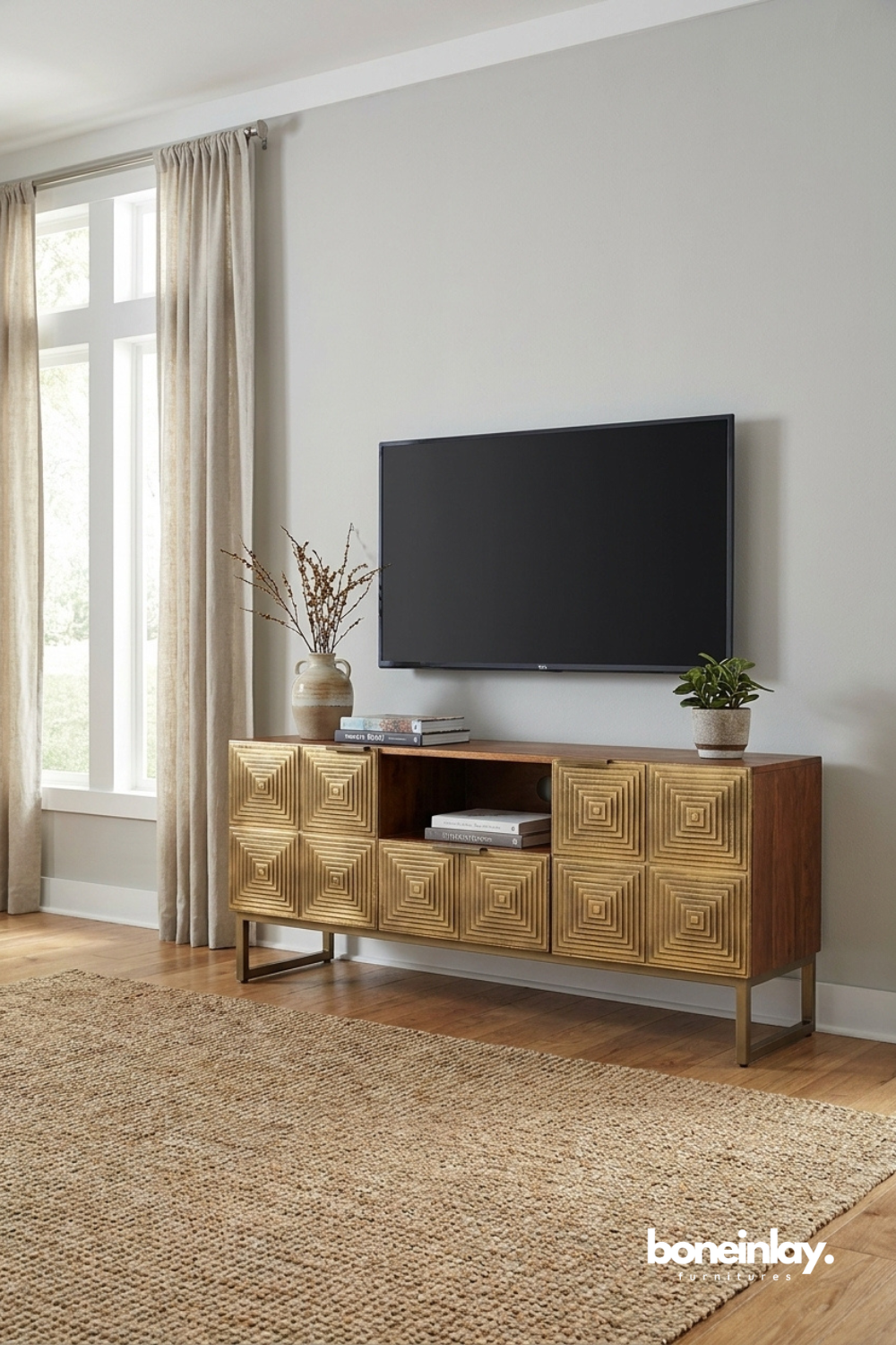 Modern media console combining sculpted geometric panels, rich wood grain, and metallic accents.