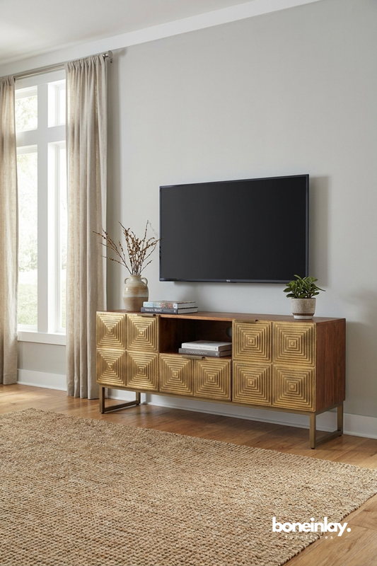 Modern media console combining sculpted geometric panels, rich wood grain, and metallic accents.