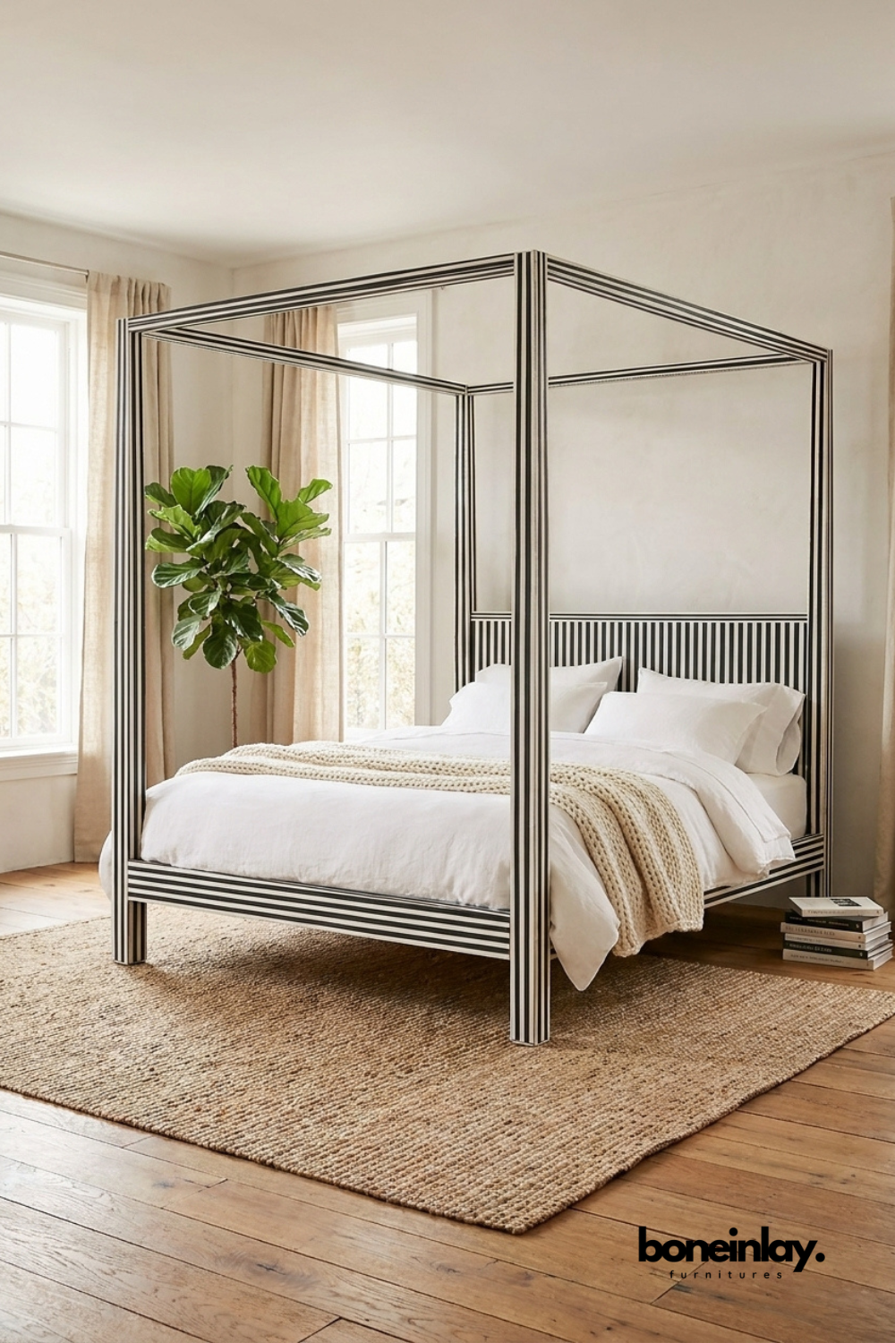 Modern Black and White Striped Canopy Bed Frame