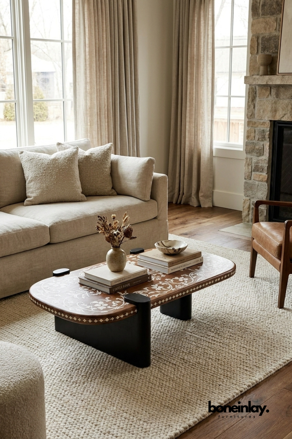Oval wooden coffee table with delicate white floral inlay design, unique artisan living room table, handcrafted statement furniture.