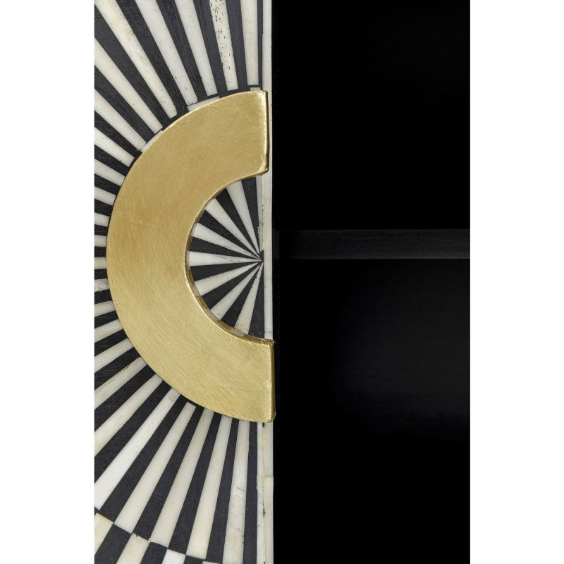 Interior view of bone inlay four-door sideboard with all doors open, revealing two adjustable black shelves per side and gold brass door hinges and base