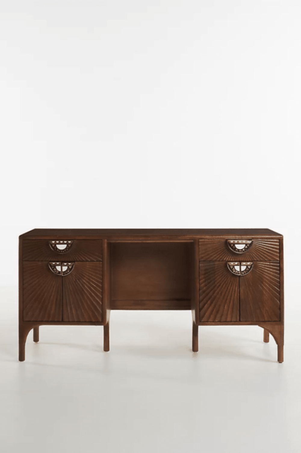 Hardwood Writing Desk in deep brown, shown in a straight-on front view with its storage fronts visible.