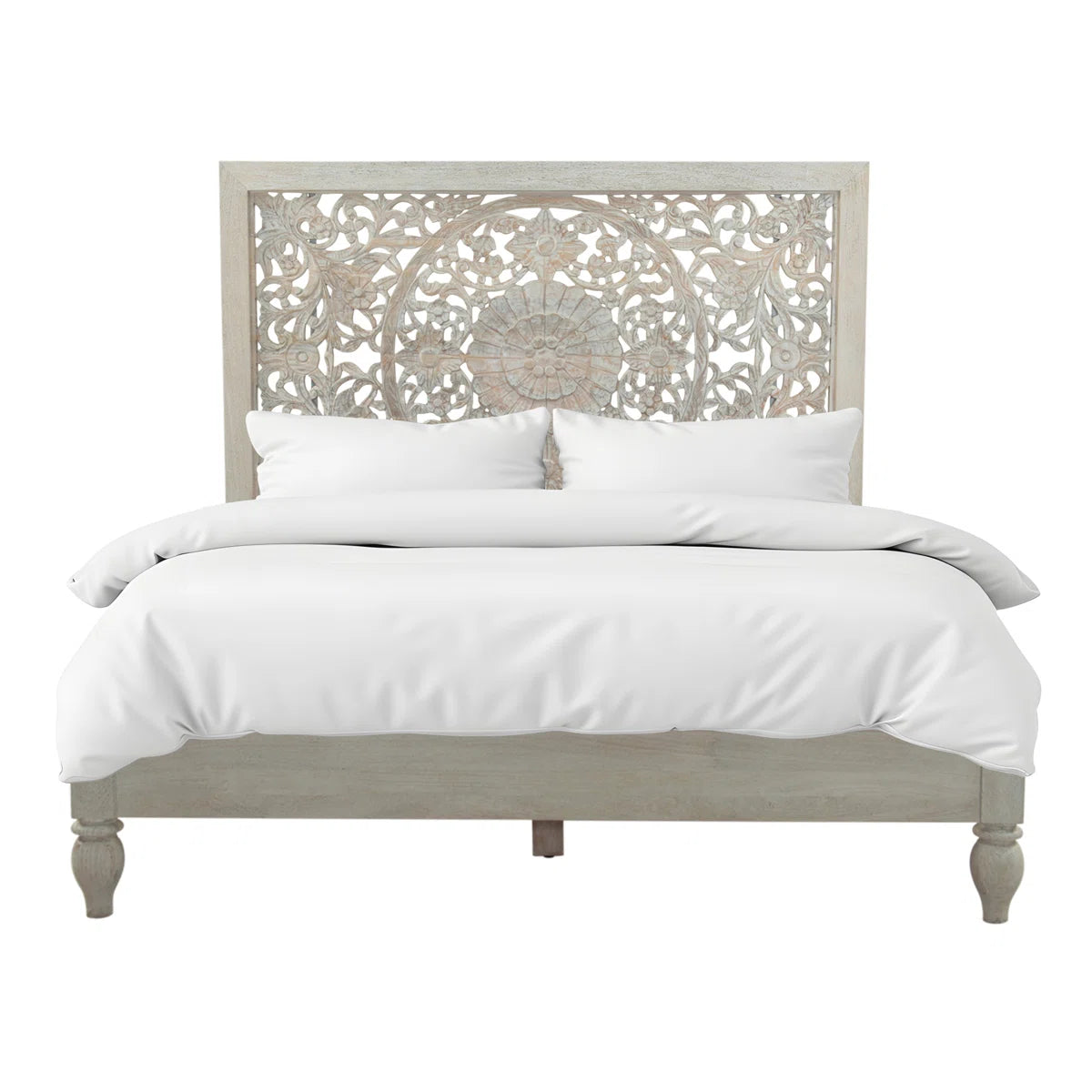 Haveli bohemian-style king bed frame with an intricate hand-carved solid wood floral mandala headboard in a distressed heirloom white wash finish.