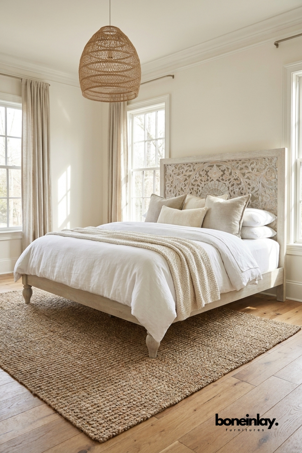 Distressed white-washed wooden bed with an ornate mandala-carved headboard, paired with white bedding, a knitted throw, a jute rug, and a woven rattan pendant light.